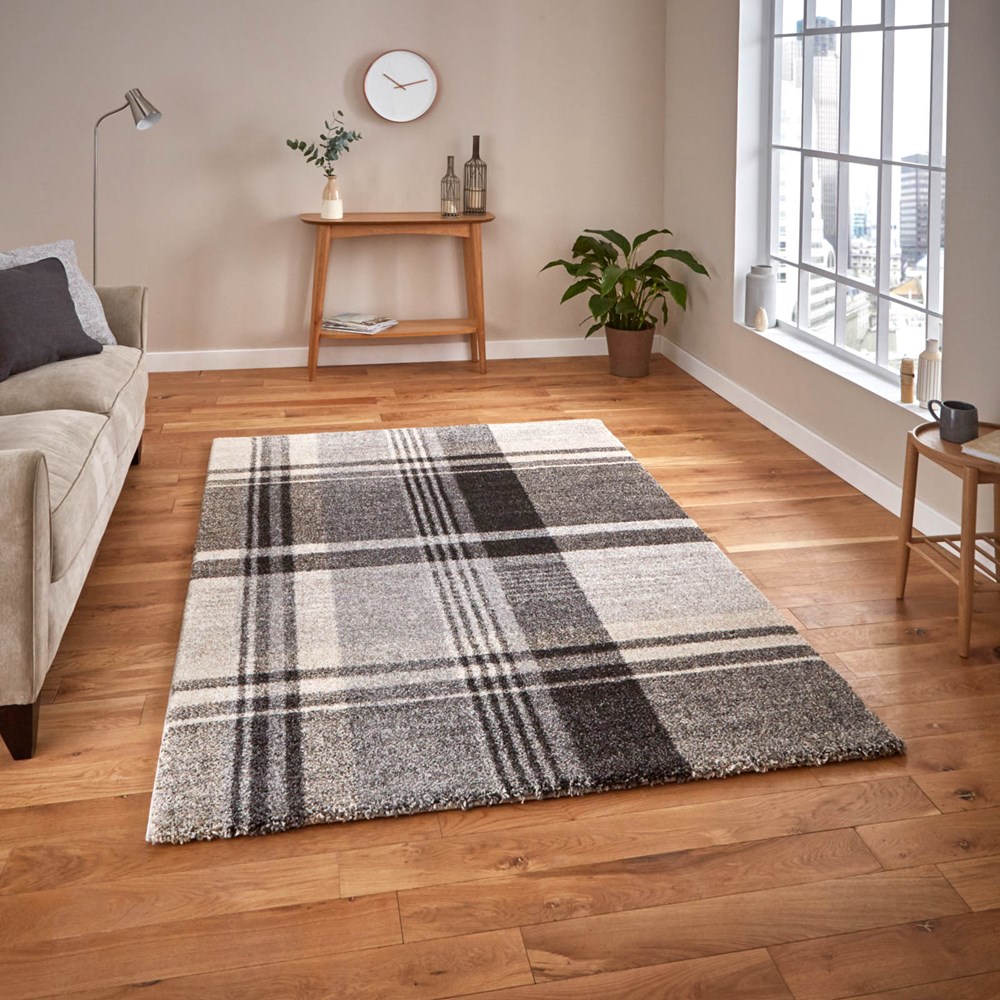 Modern Elegant Tartan Check Rugs 4892 in Beige and Black